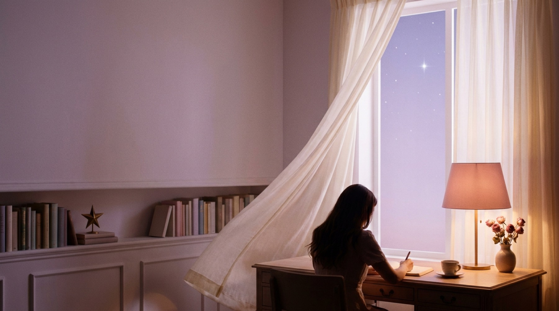 A writer at a desk by the window at night, writing in a notebook