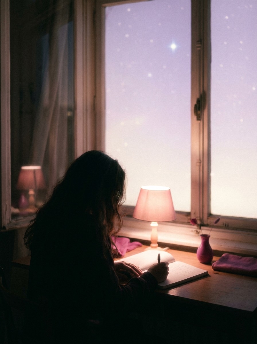 A writer at a desk by the window at night, writing in a notebook