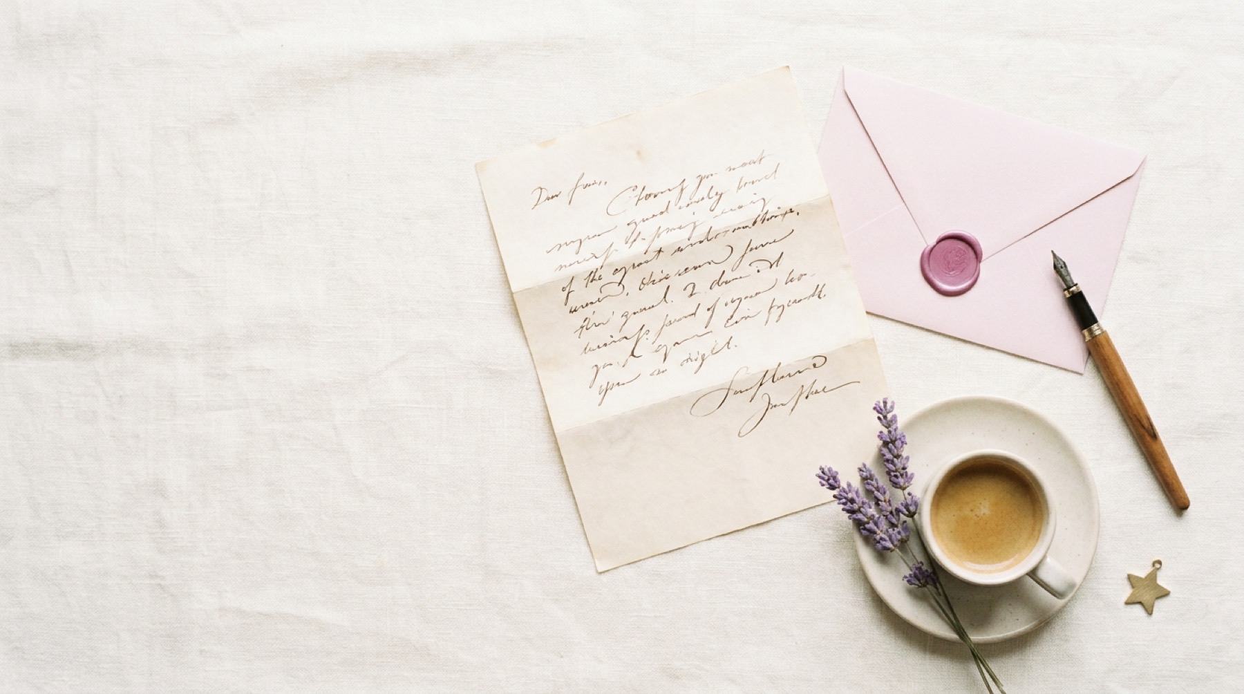 A handwritten letter, envelope, fountain pen and coffee on a desk, for writing commissions