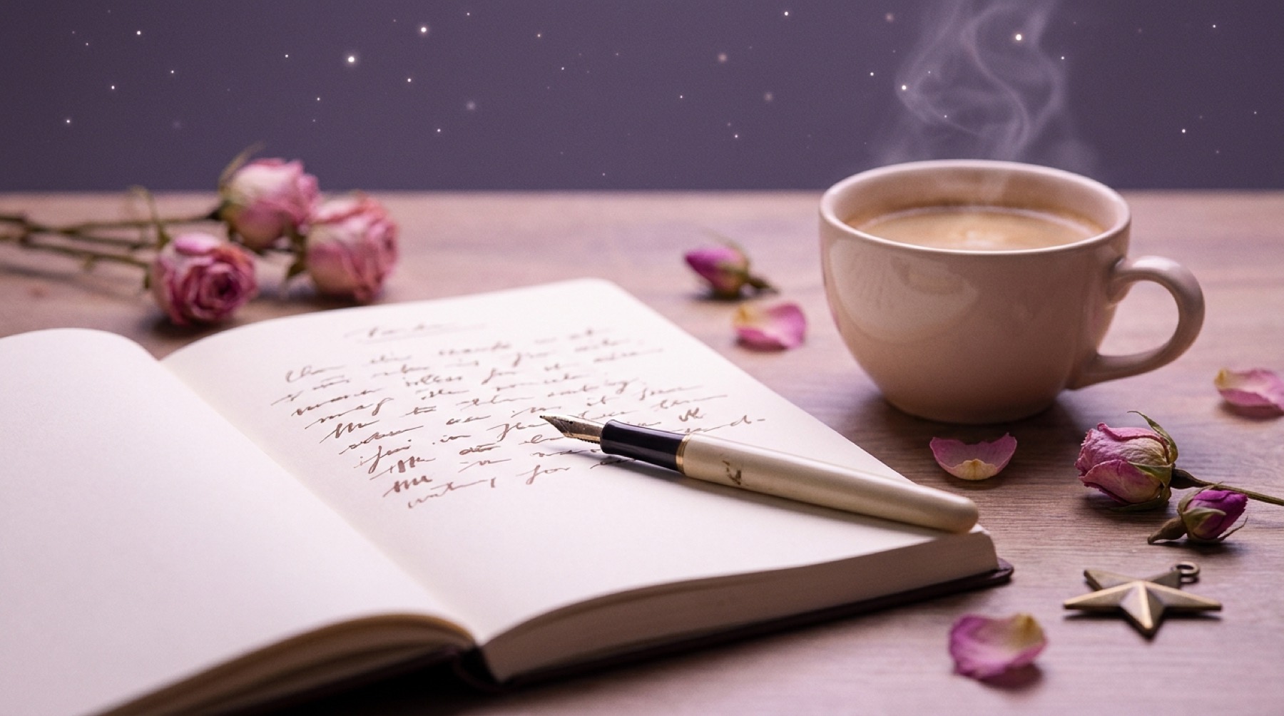 A fountain pen and notebook with a cup of coffee under starlight, the desk of writer Polaris Barista