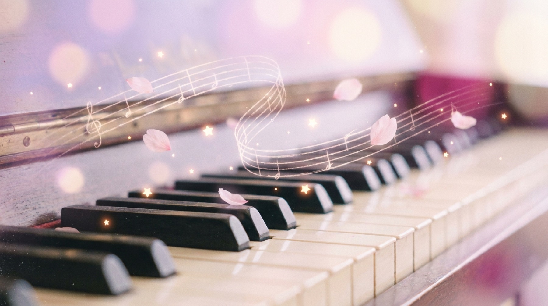 Piano keys with petals and starlight floating above them